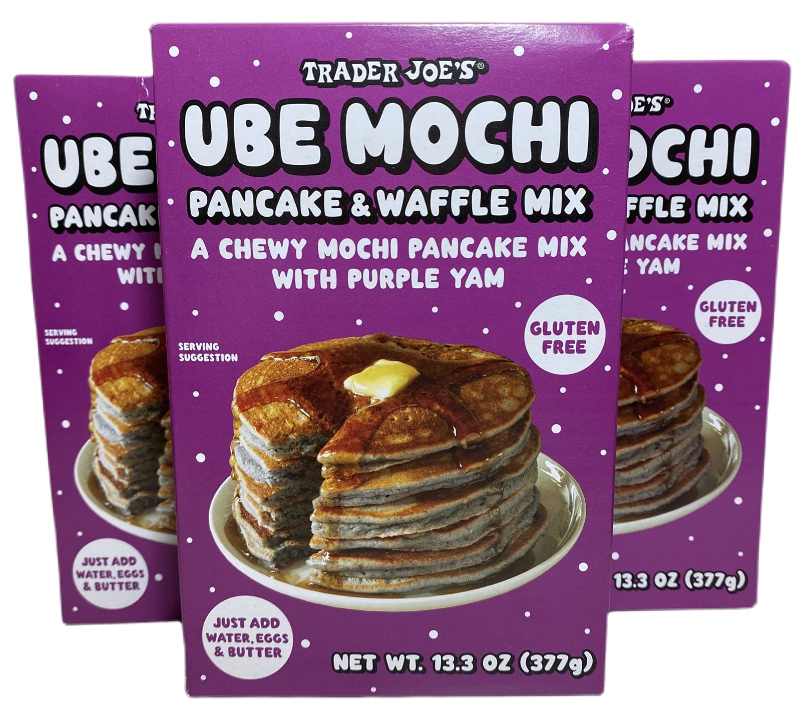 TJ's Ube Mochi Pancake & Waffle Mix pack on kitchen counter, quick breakfast solution.