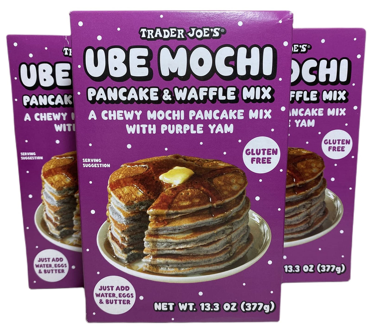 TJ's Ube Mochi Pancake & Waffle Mix pack on kitchen counter, quick breakfast solution.