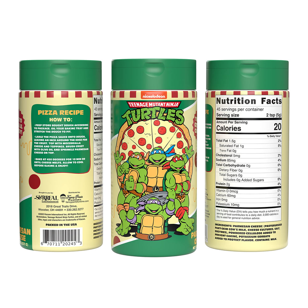 TMNT pizza party seasoning being sprinkled on pasta for bold flavor