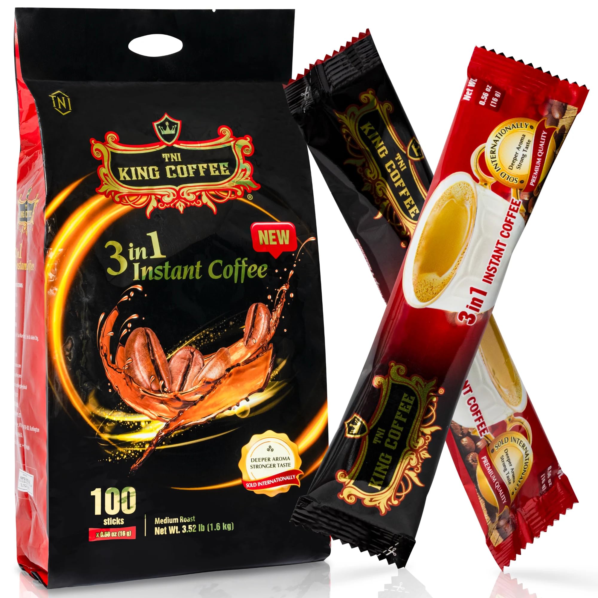 TNI King Coffee 3 in 1 packet packaging for quick, on-the-go brewing.