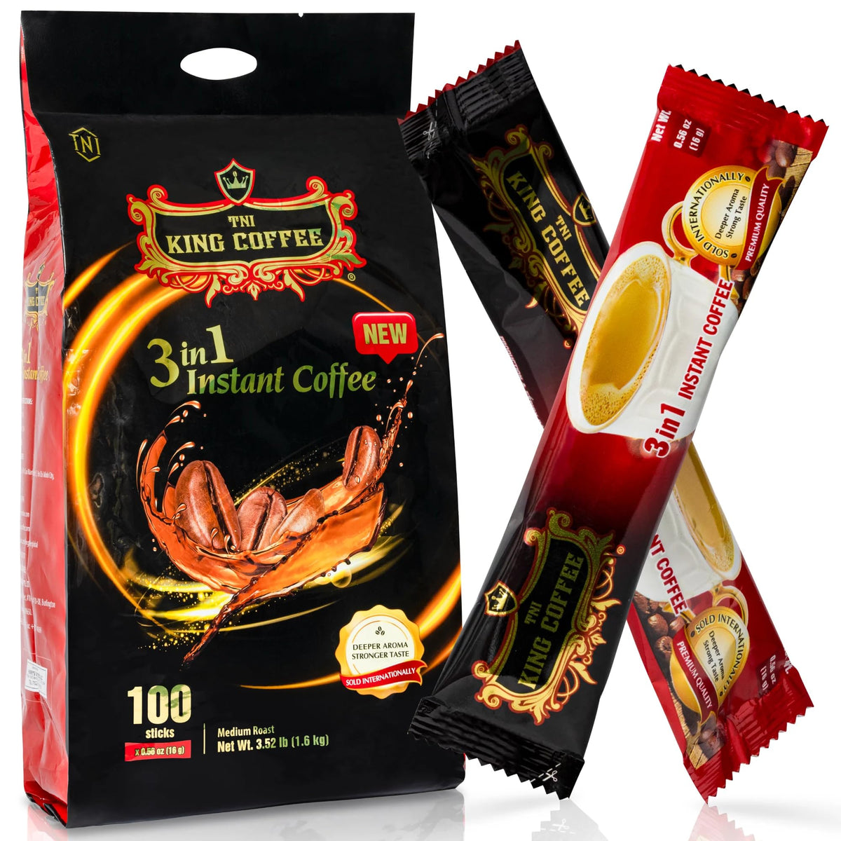 TNI King Coffee 3 in 1 packet packaging for quick, on-the-go brewing.