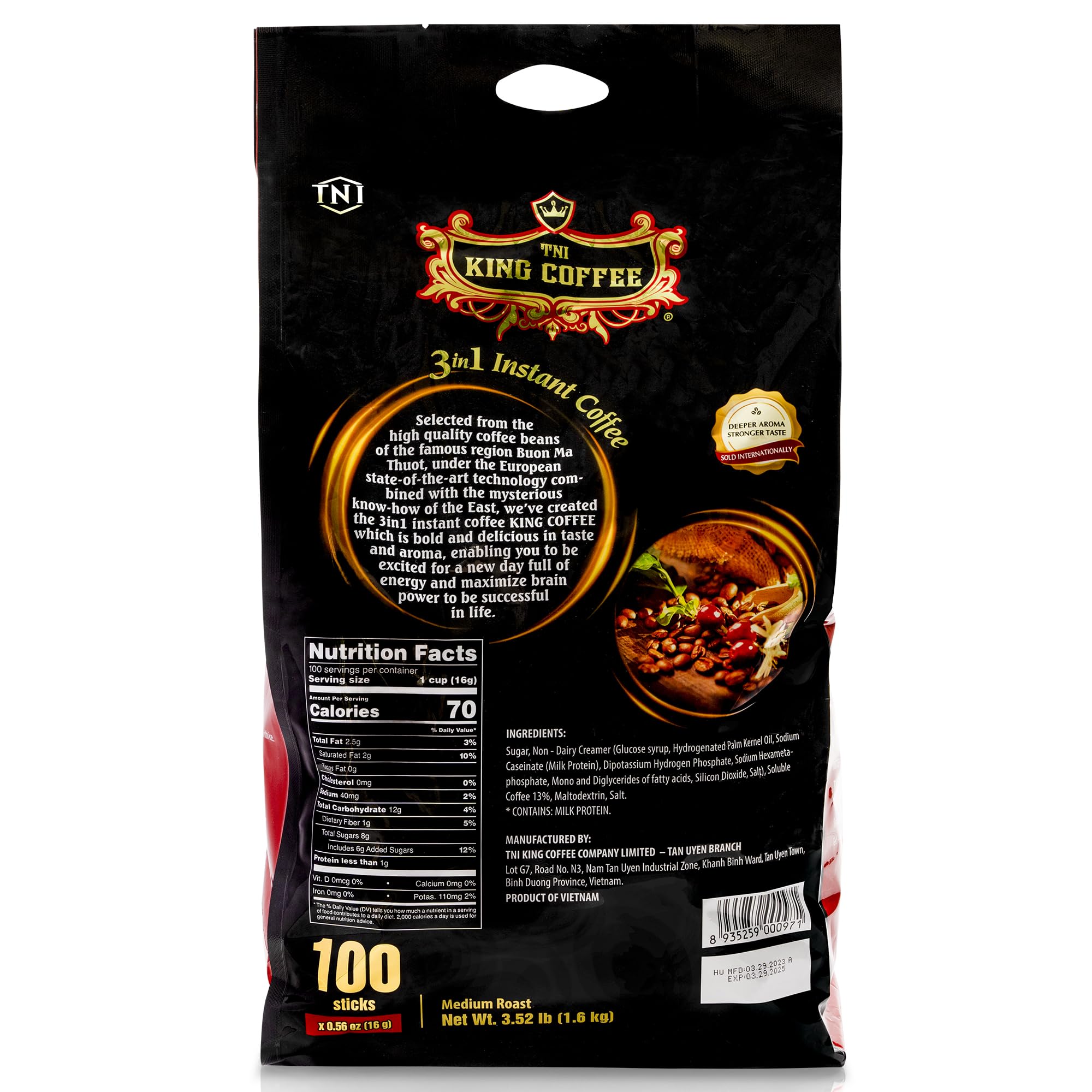 TNI King Coffee single-serve sachet opened and ready to mix.
