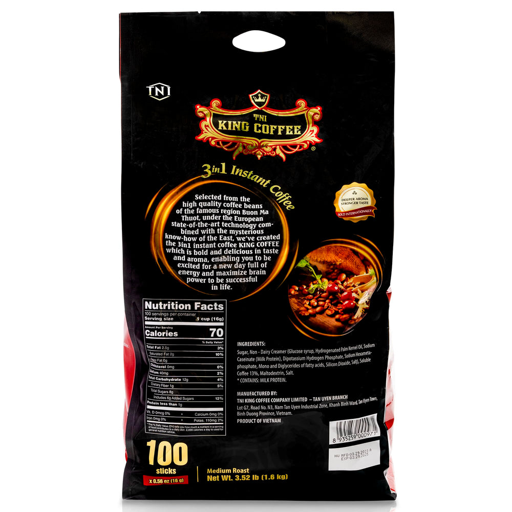TNI King Coffee single-serve sachet opened and ready to mix.