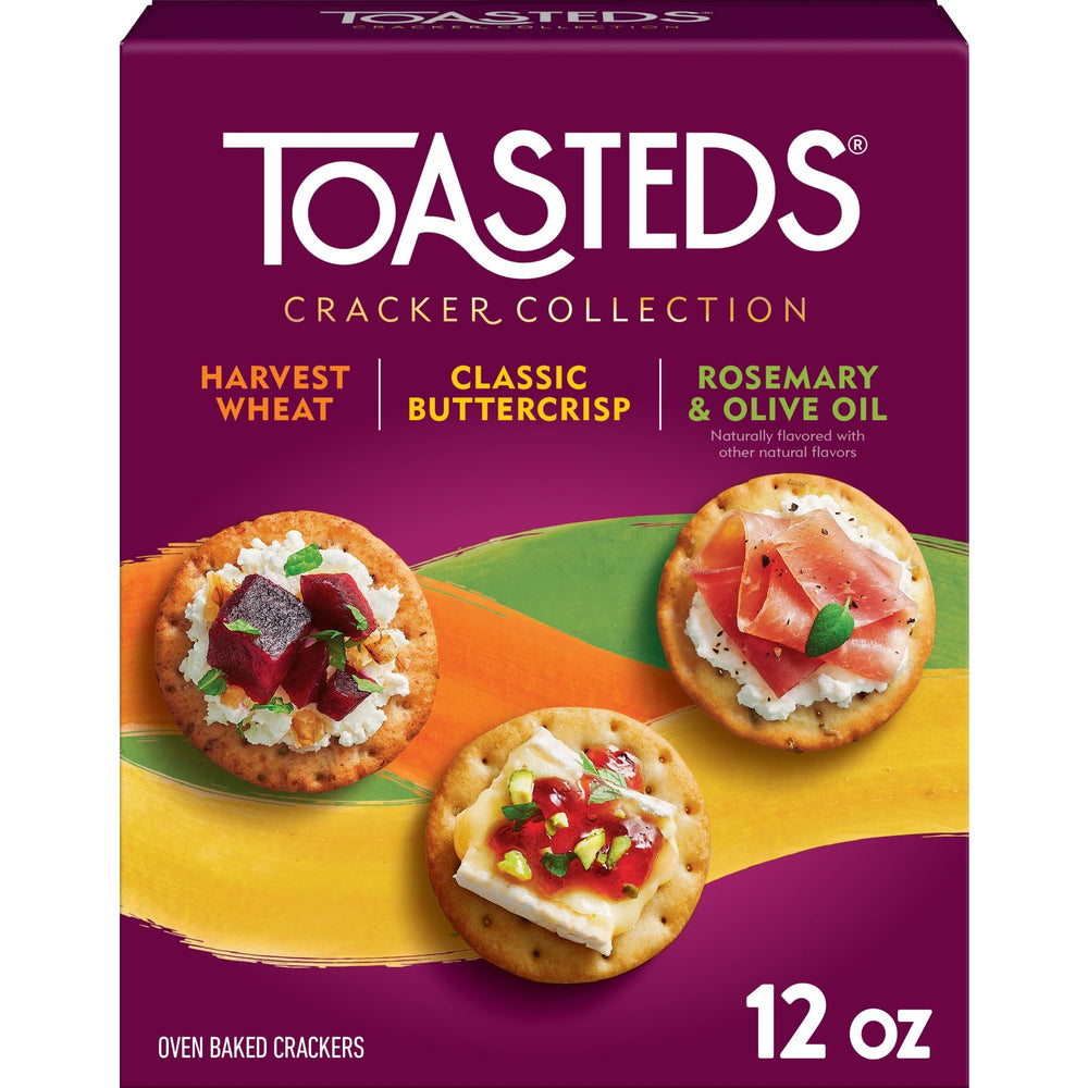 Toasteds Harvest Wheat crackers beside cheeses for elegant entertaining.
