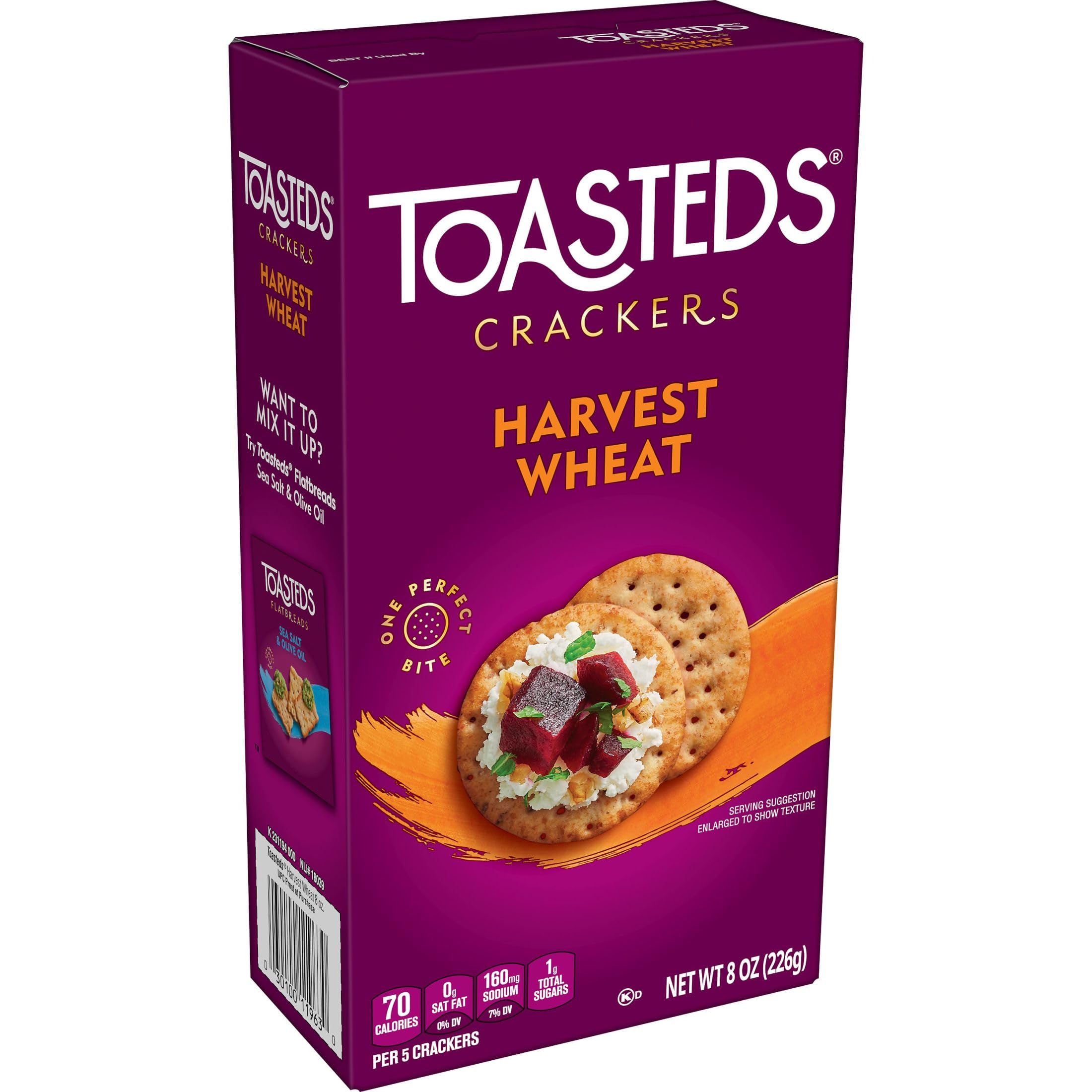 Toasteds Harvest Wheat Crackers show oven-crispness in close-up