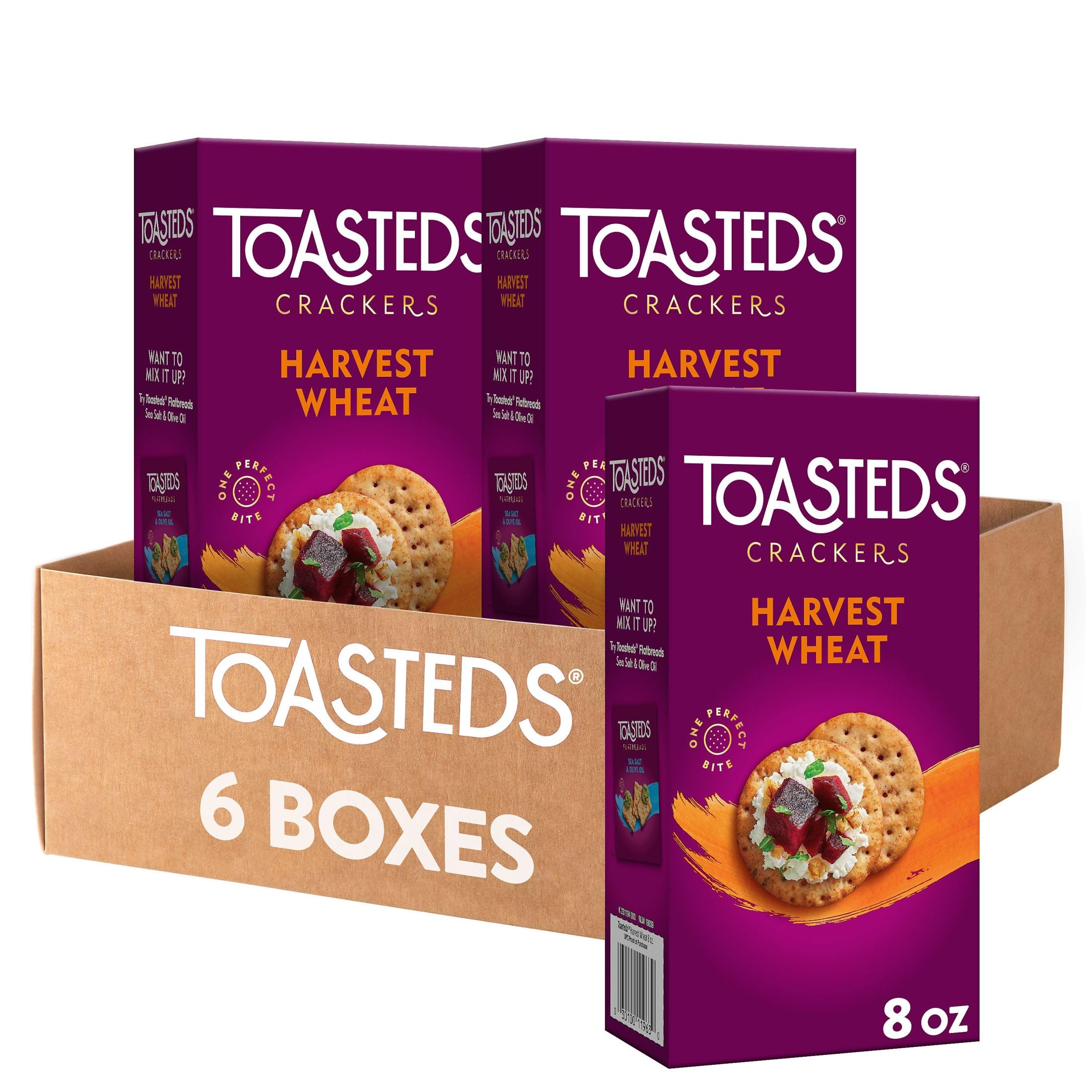 Toasteds Harvest Wheat Crackers in packaging, pantry staple for snacking