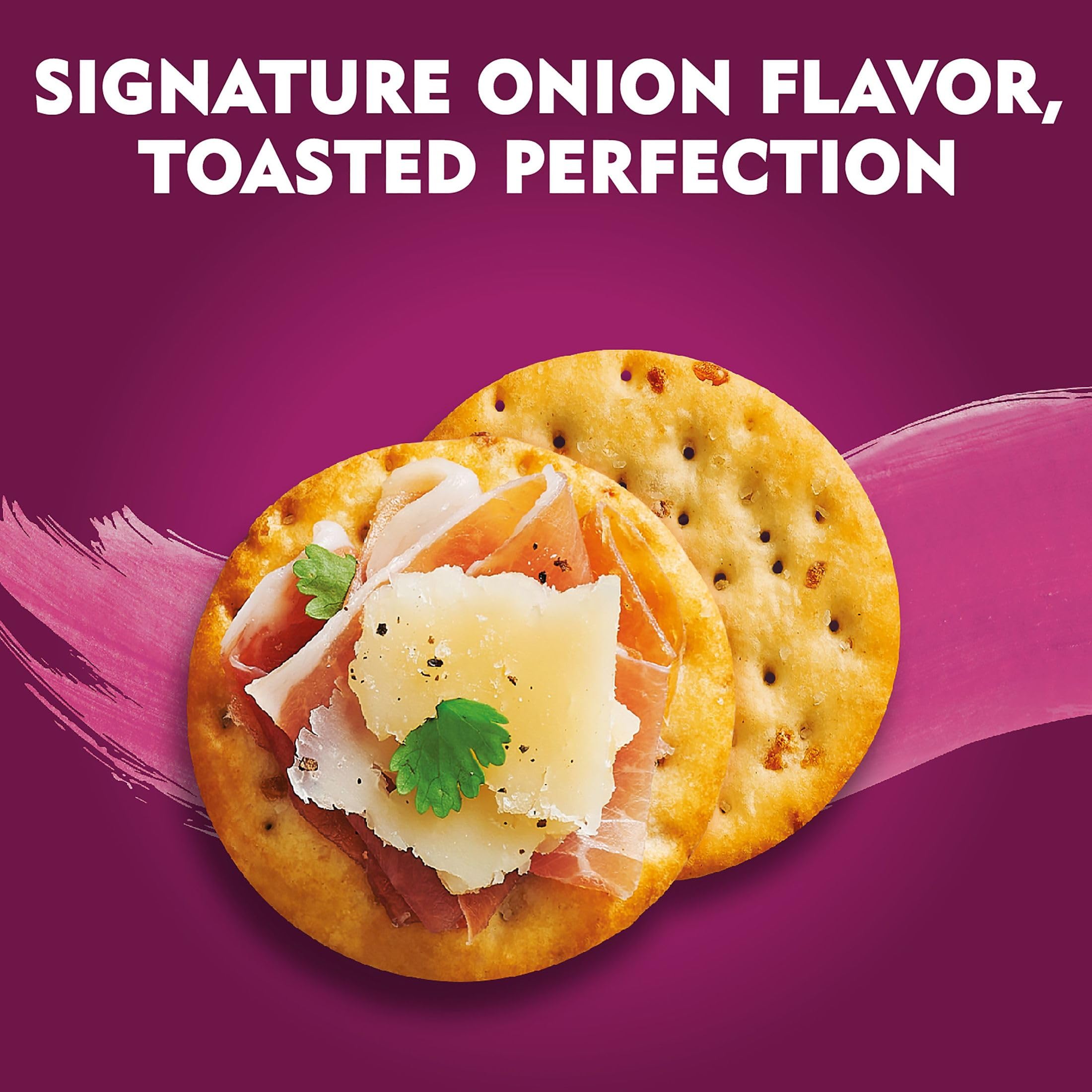 Toasteds Savory Onion crackers on a dipping plate for hummus or dips