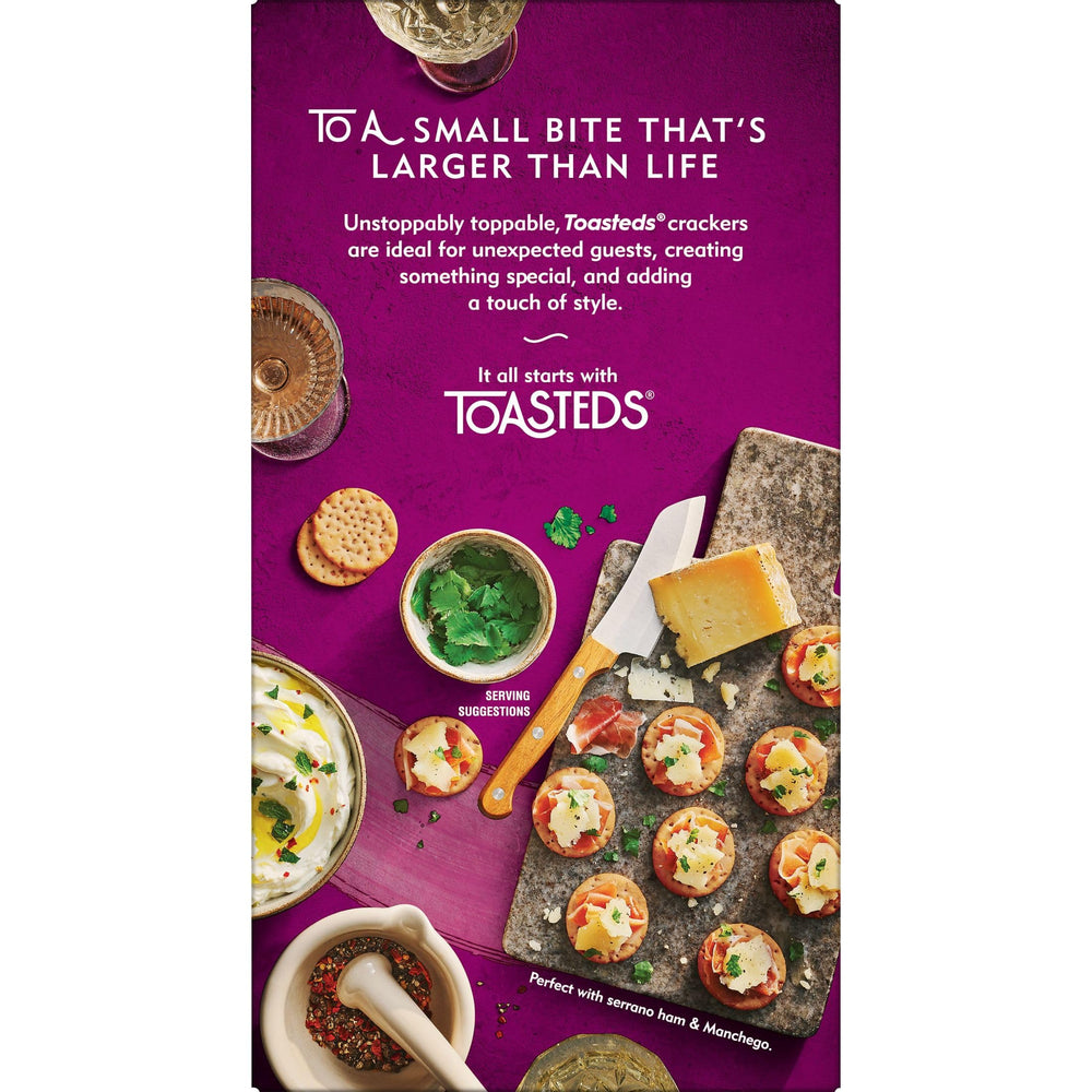 Toasteds Savory Onion crackers label highlights no artificial colors and simple ingredients