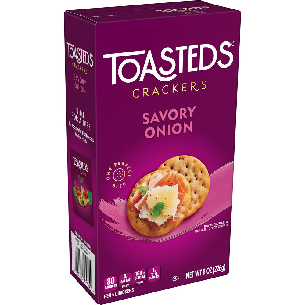 Toasteds Savory Onion crackers stored in a pantry for long-lasting freshness