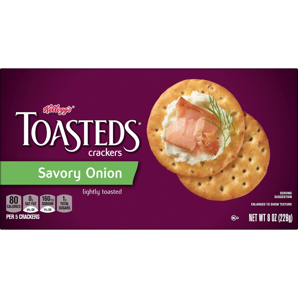 Toasteds Savory Onion Crackers on a rustic serving board, easy to nibble during conversations
