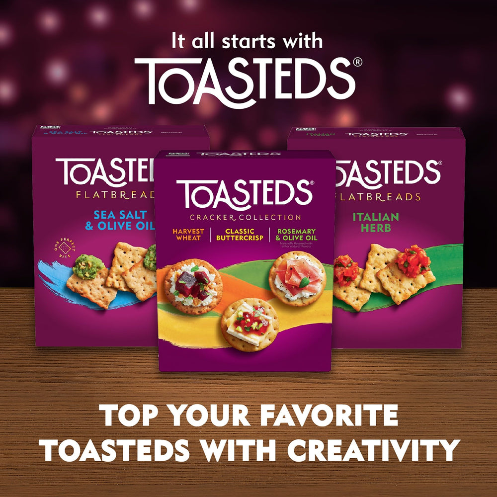Toasteds crackers featured on a charcuterie board with cheese and olives.