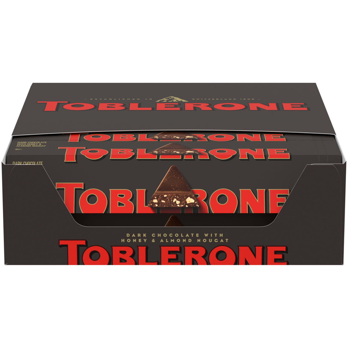 Toblerone dark chocolate bars with honey and almond nougat packaging, ideal for gifting.