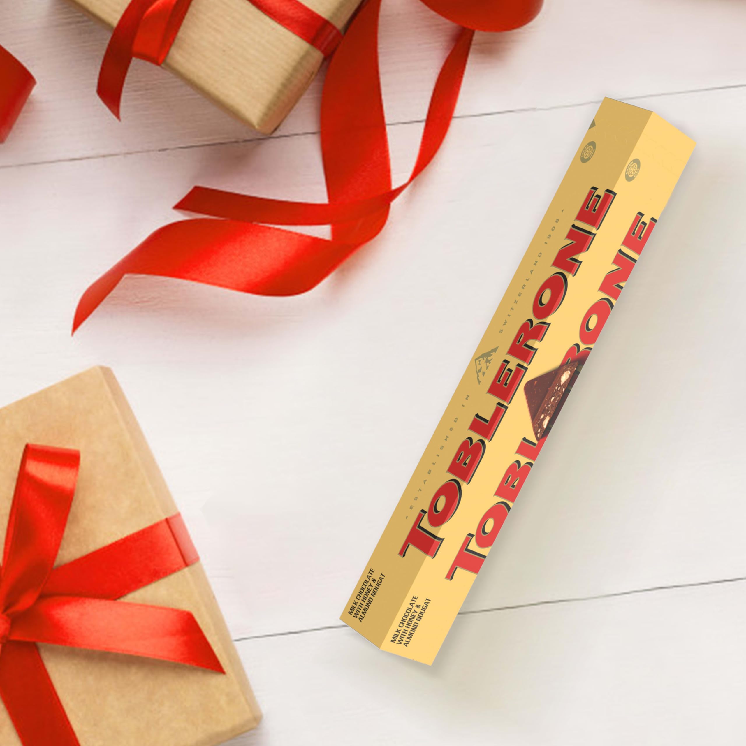 Toblerone dessert topping use-case shows crumble-ready chocolate with honey almond nougat.