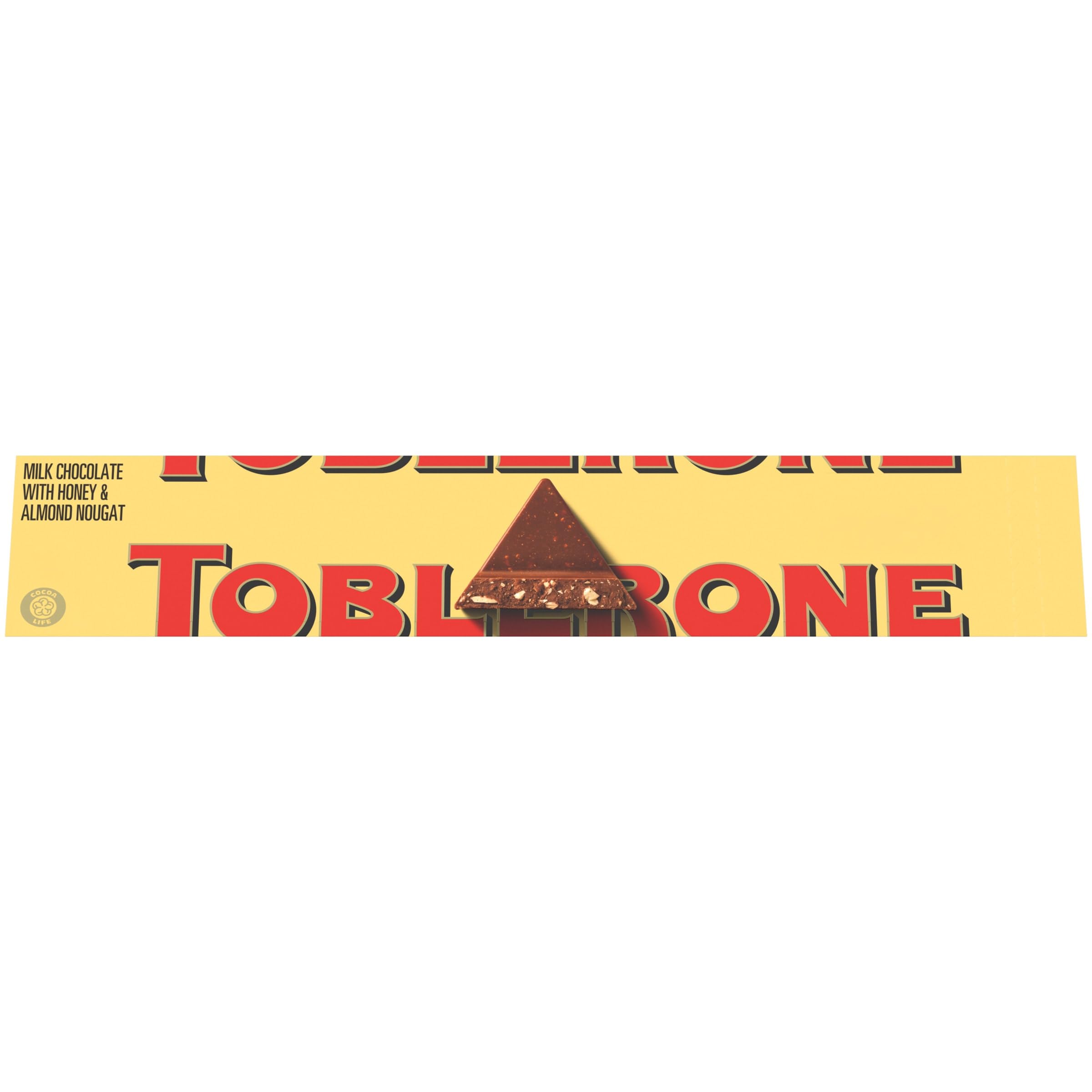 Toblerone milk chocolate bar with honey and almond nougat, iconic triangular peaks.