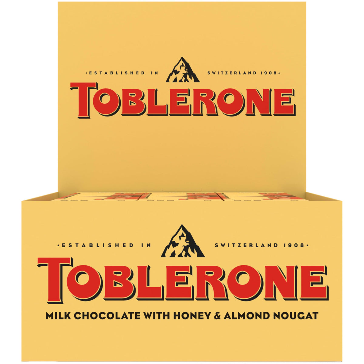 Toblerone Milk Chocolate Bar triangle peak close-up reveals honey almond nougat inside, ideal for sharing.
