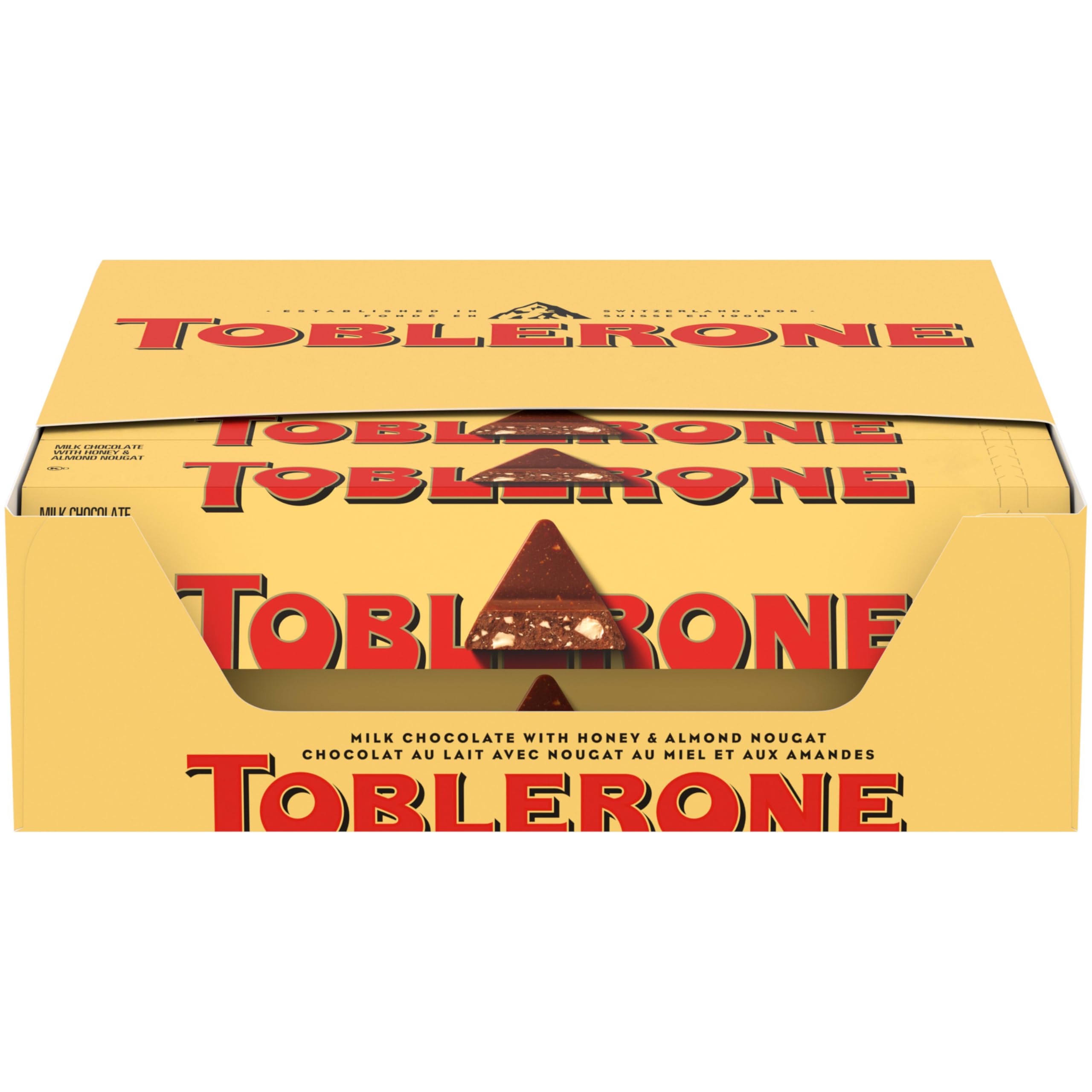 Toblerone milk chocolate bars with honey and almond nougat in packaging ideal for gifting.