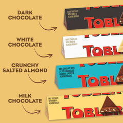 TOBLERONE salted caramelized almonds bar, creamy nougat with crunchy almonds.
