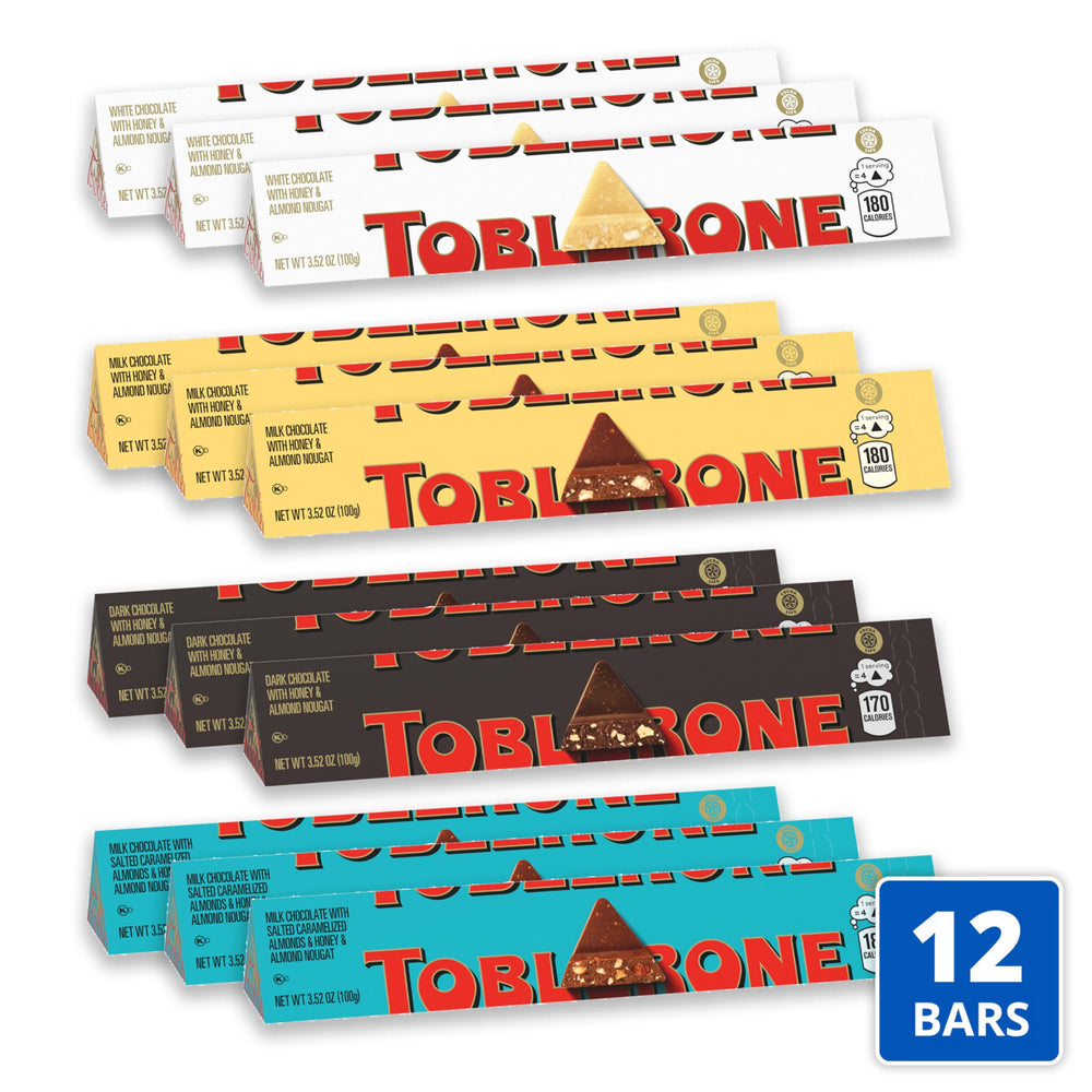 TOBLERONE white chocolate bar with triangular peaks, creamy sweetness for dessert moments.