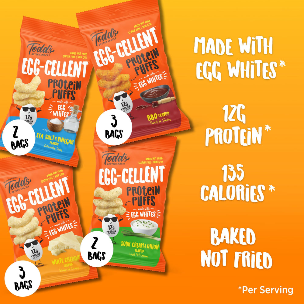 Todd's Egg-Cellent Protein Puffs close-up shows egg-white ingredients for clean protein.