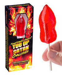 Toe of Satan flamethrower lollipop front view for extreme spice challenges.