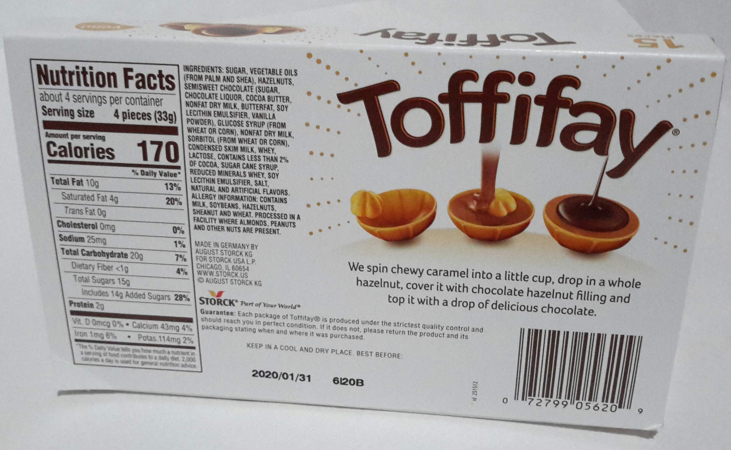 Toffifay caramel hazelnut cream center chocolate candy with silky filling.