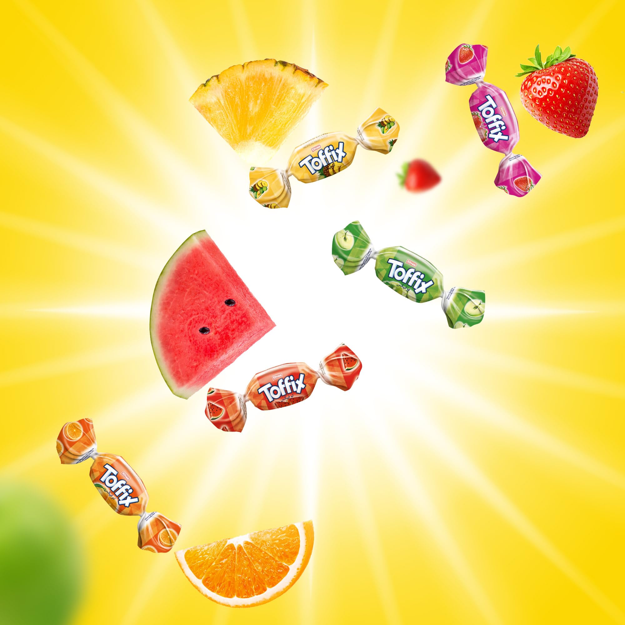 TOFFIX Fruit Chews mixed flavors collection showcases five fruity options.