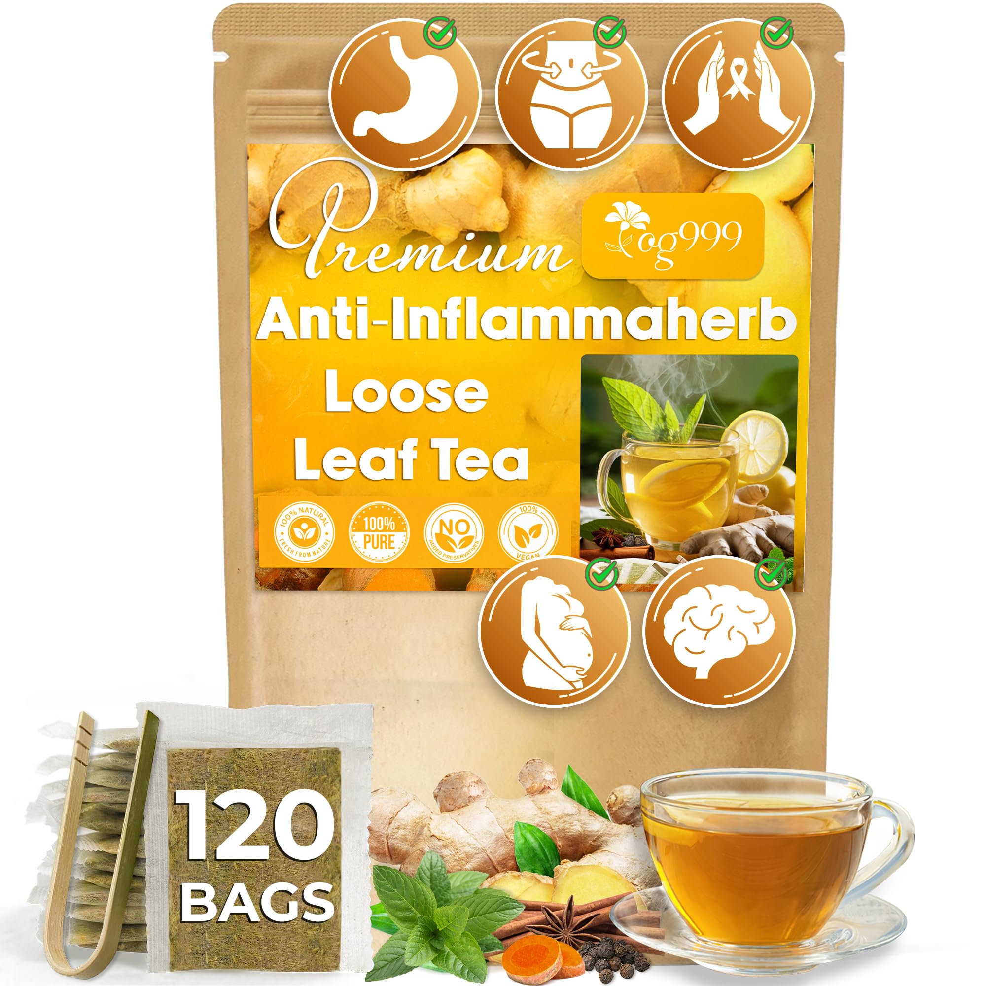 TOG999 Anti-Inflammaheb tea bags pack closeup highlighting eco-friendly packaging and premium blend.