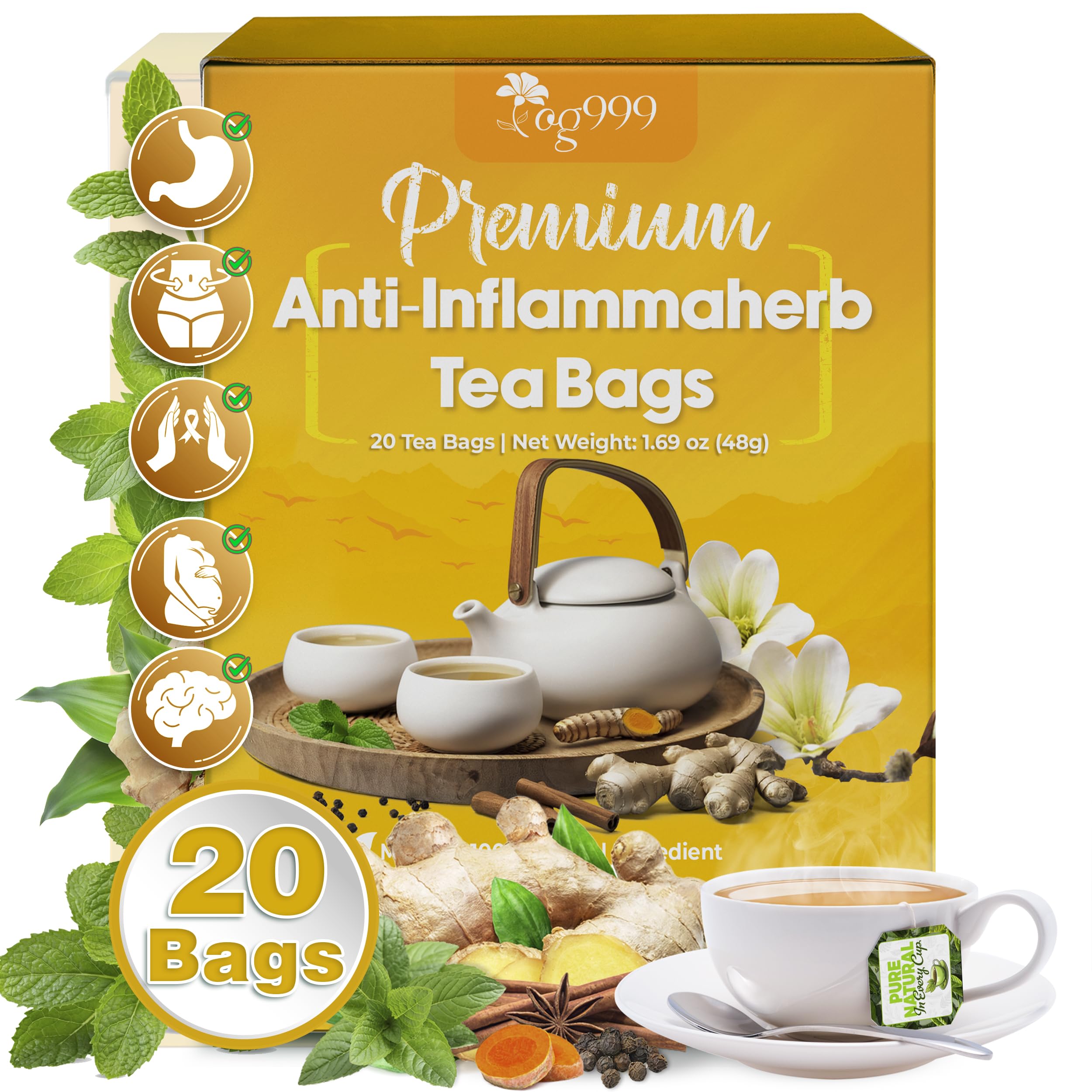 TOG999 Anti-Inflammaheb tea bags brewing steam in a mug for a comforting cup