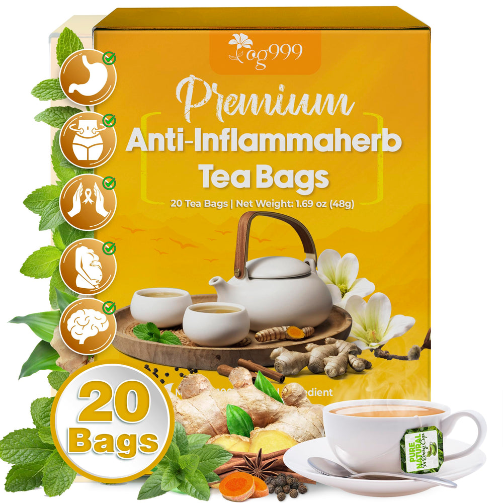 TOG999 Anti-Inflammaheb tea bags brewing steam in a mug for a comforting cup