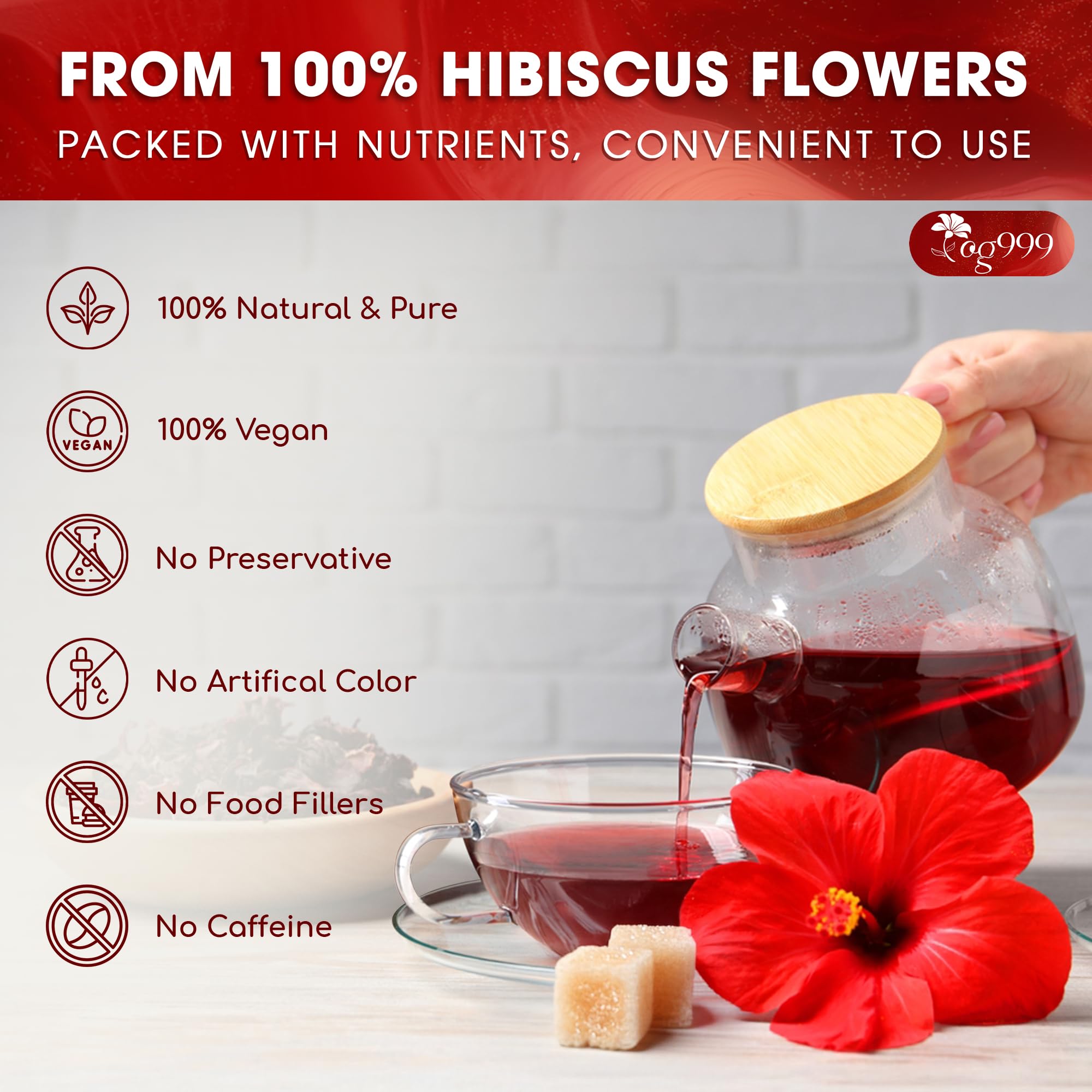 TOG999 hibiscus cup-tea setup featuring a bright crimson infusion