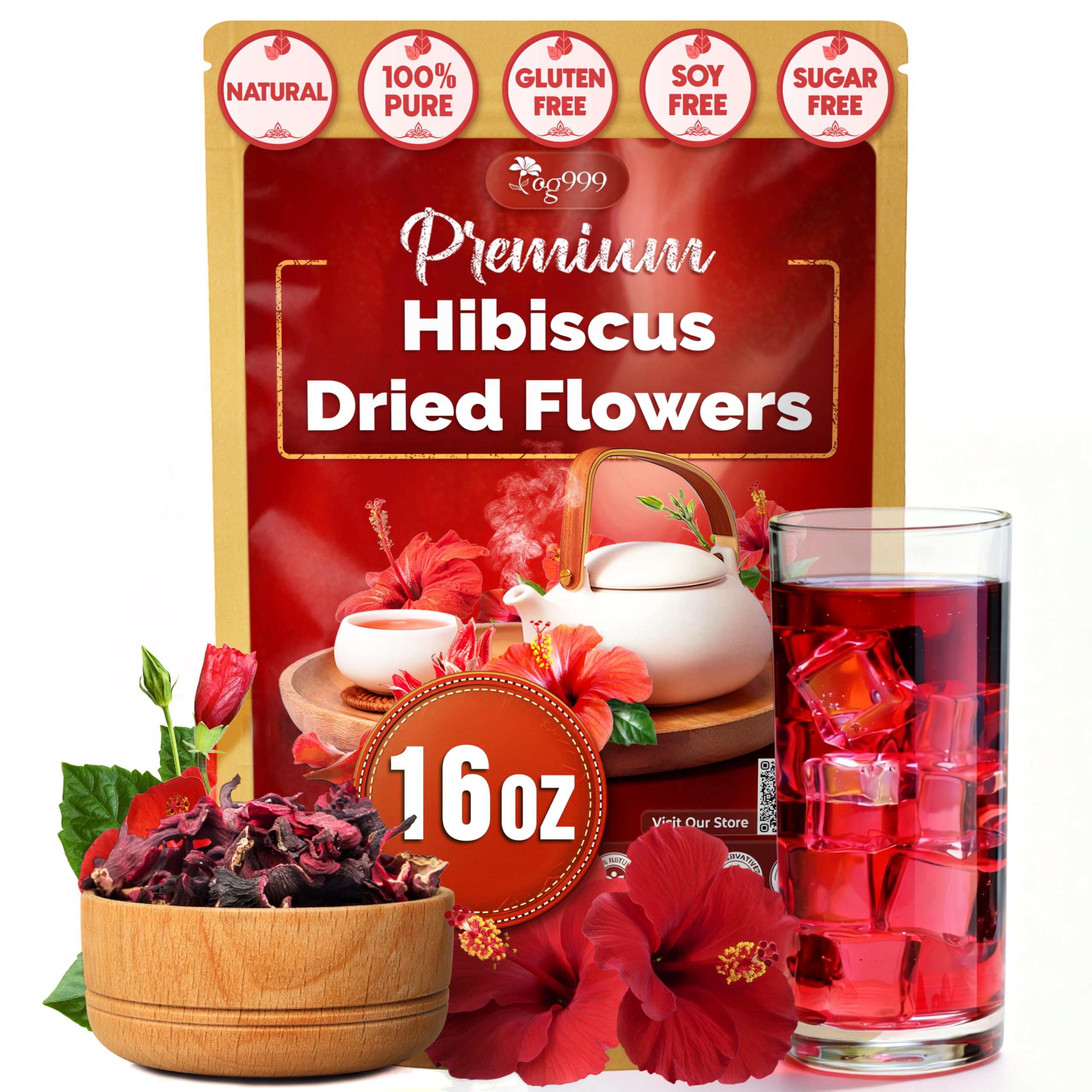 TOG999 hibiscus flowers 16oz bag highlights premium dried petals for caffeine-free tea