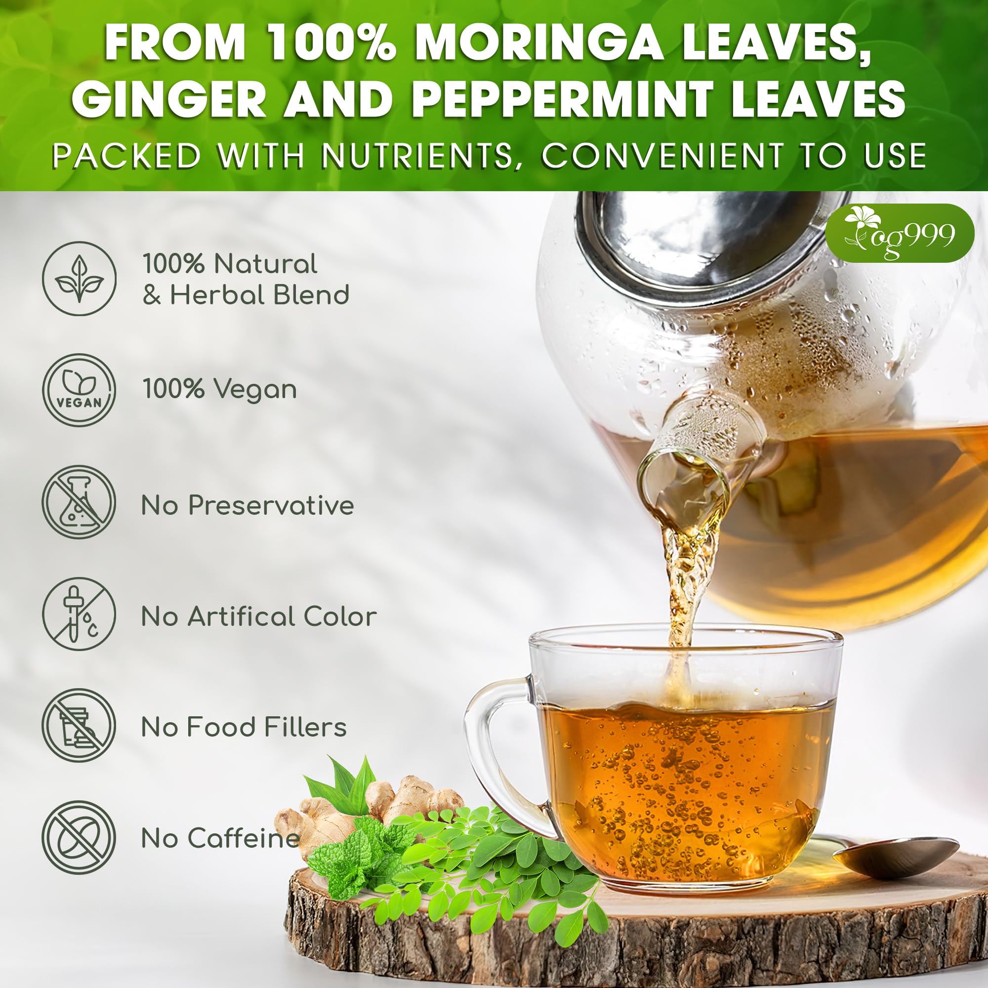 TOG999 moringa-ginger-peppermint ingredients highlighting natural, non-GMO quality