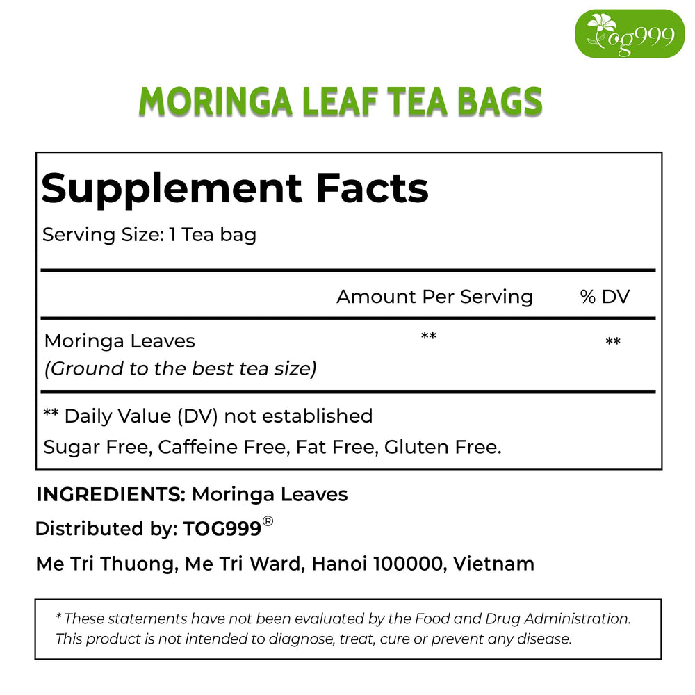 TOG999 moringa tea bags closeup showing quality leaves.