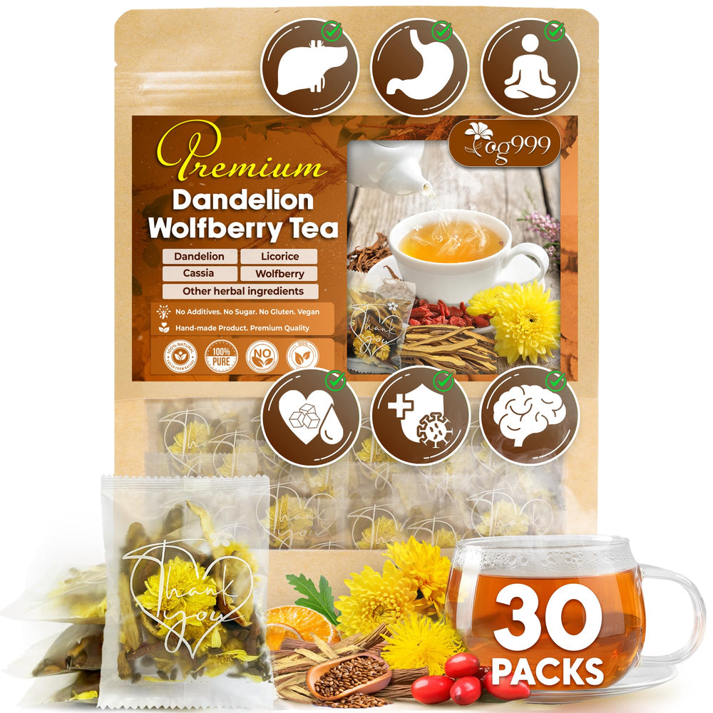 TOG999 Organic Dandelion Wolfberry Tea bags showcase pure herbal blend for daily ritual.