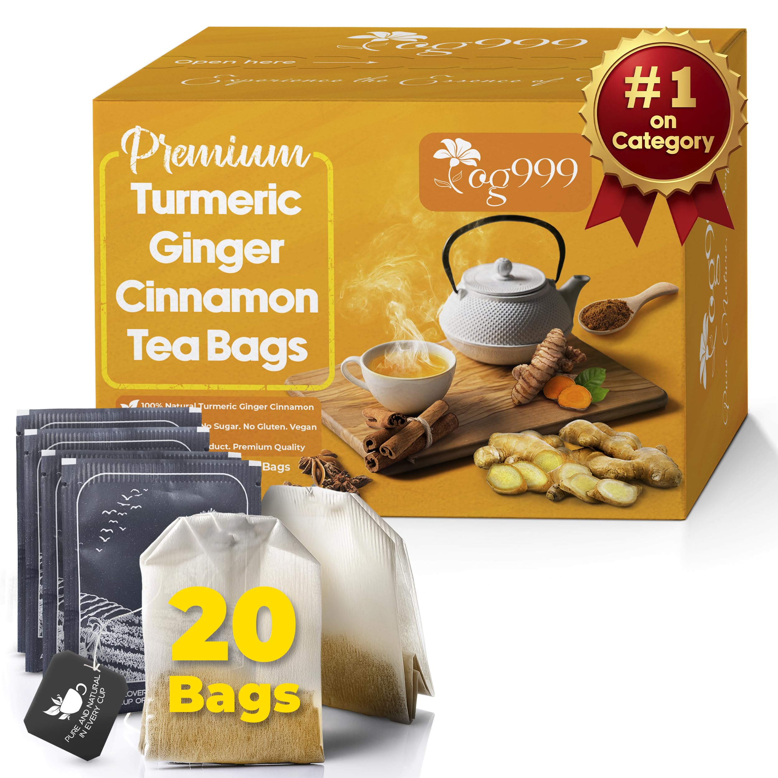 TOG999 premium 20 tea bags in eco-friendly packaging showing a natural turmeric-ginger-cinnamon blend