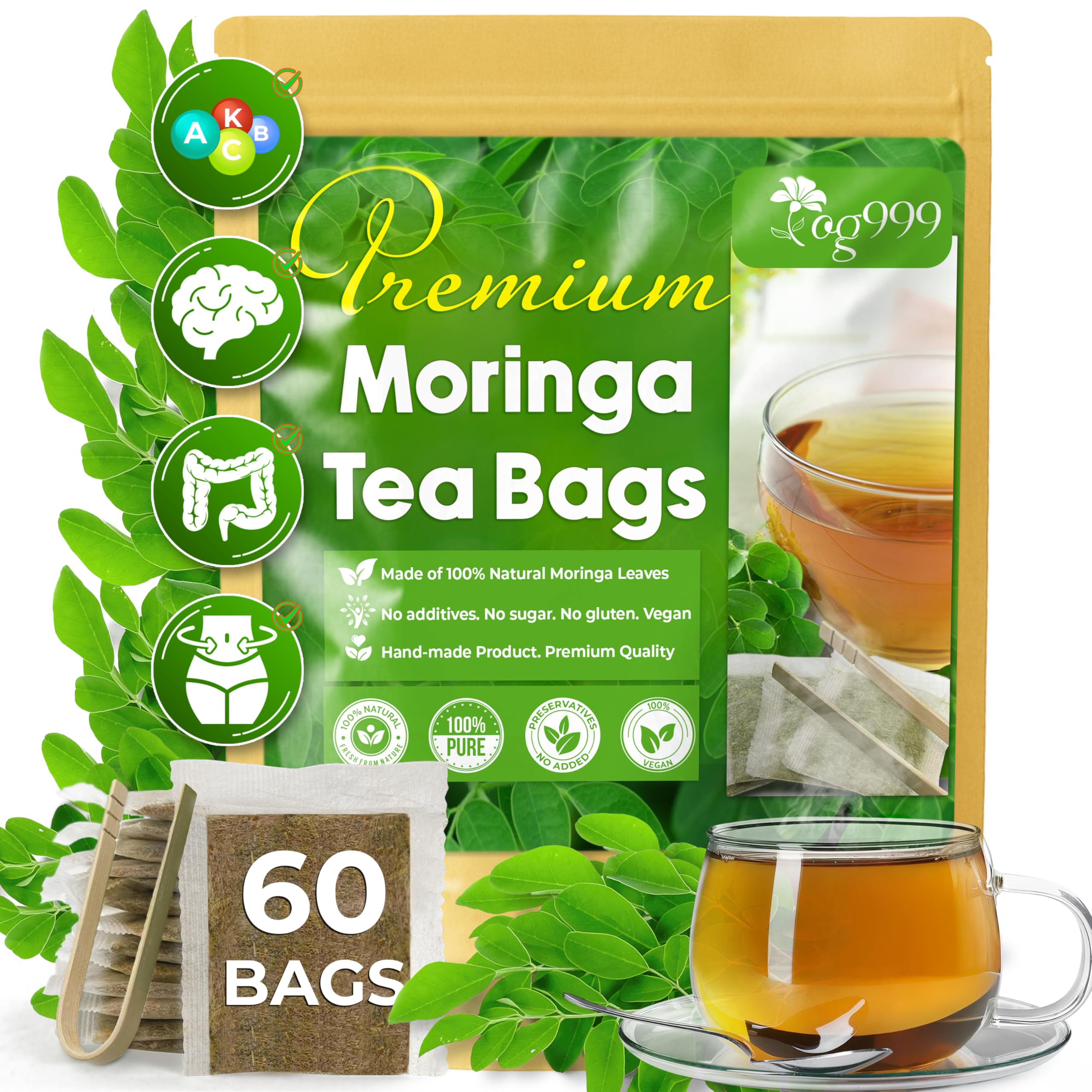 TOG999 premium moringa tea bags packaging highlights eco-friendly design.