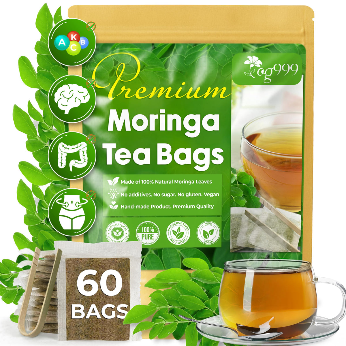 TOG999 premium moringa tea bags packaging highlights eco-friendly design.