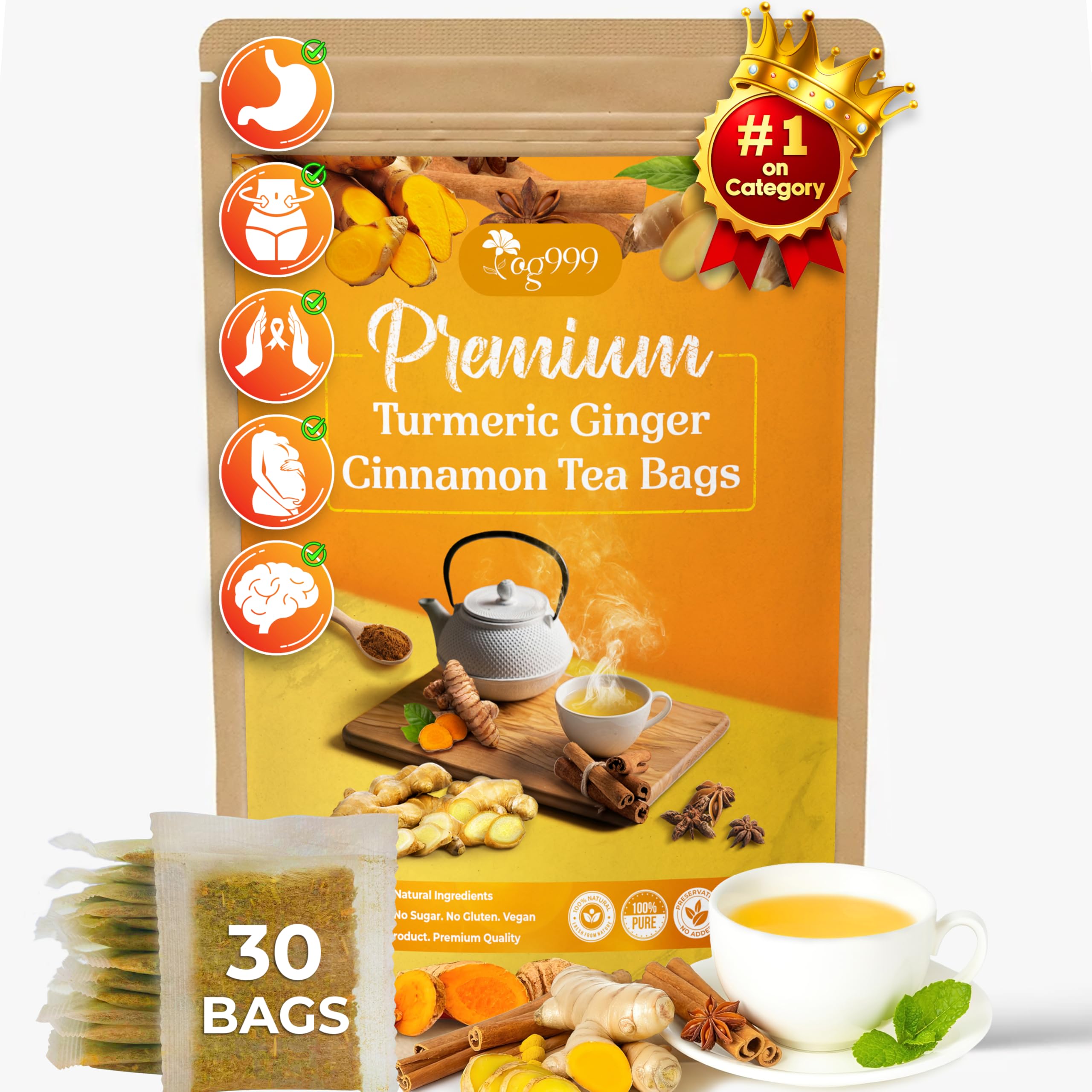 TOG999 premium turmeric ginger cinnamon tea bags packaging highlights a soothing daily ritual