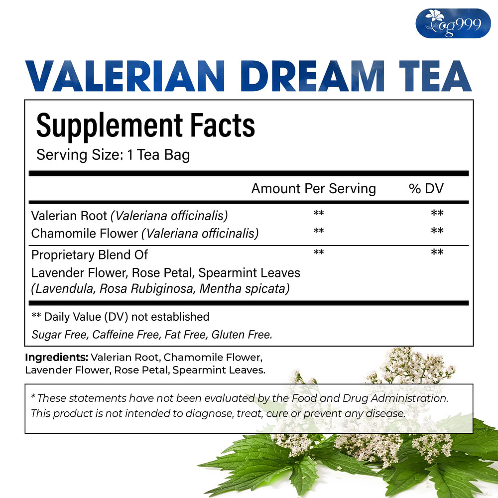 TOG999 Premium Valerian Dream Tea Bags box view emphasizes sustainable packaging.