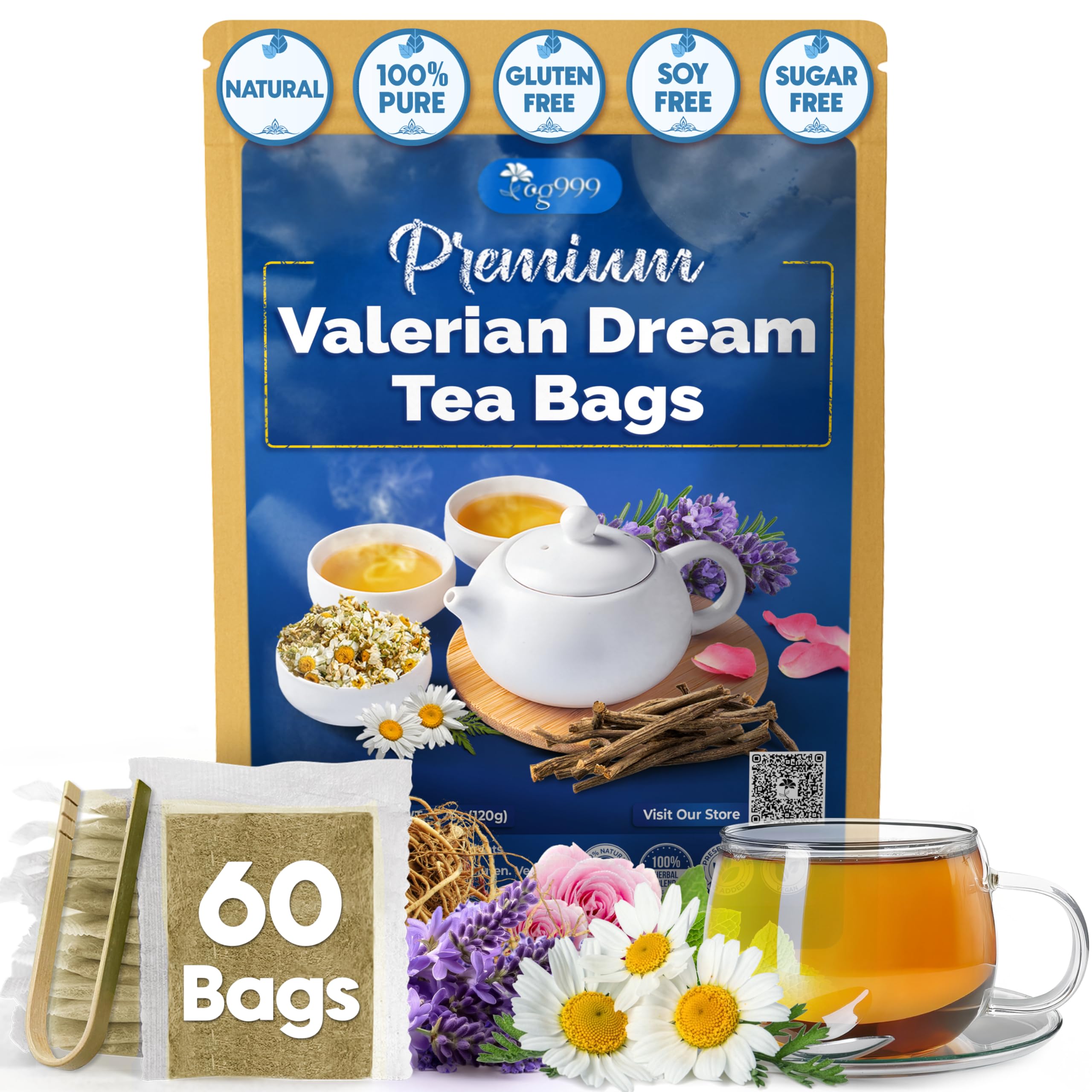 TOG999 Premium Valerian Dream Tea Bags package highlights calm evenings and natural balance.