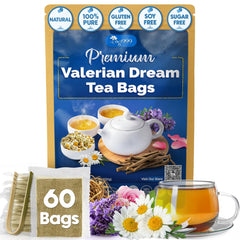 TOG999 Premium Valerian Dream Tea Bags package highlights calm evenings and natural balance.