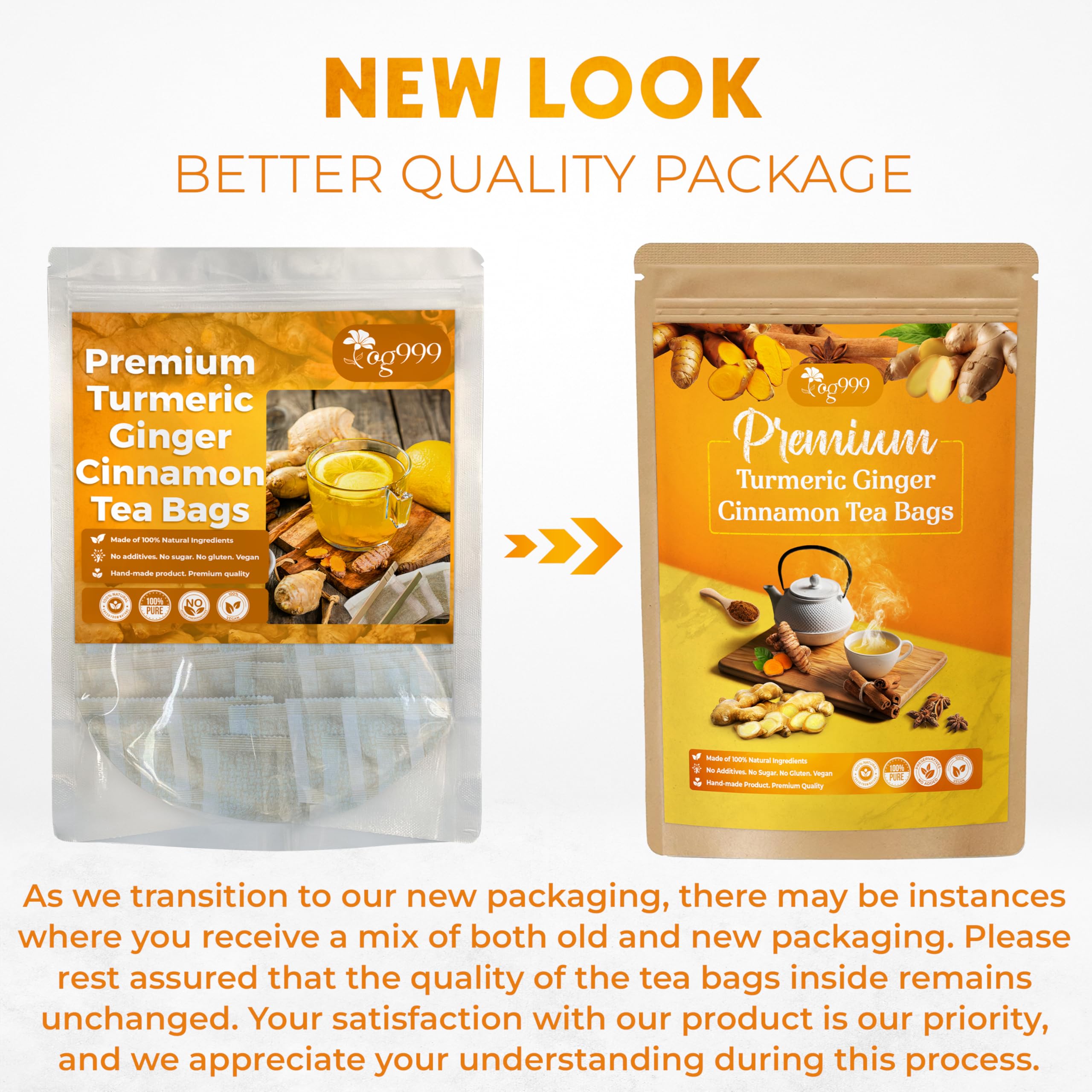TOG999 tea bags packaging highlights eco-friendly corn fiber material and recyclability.