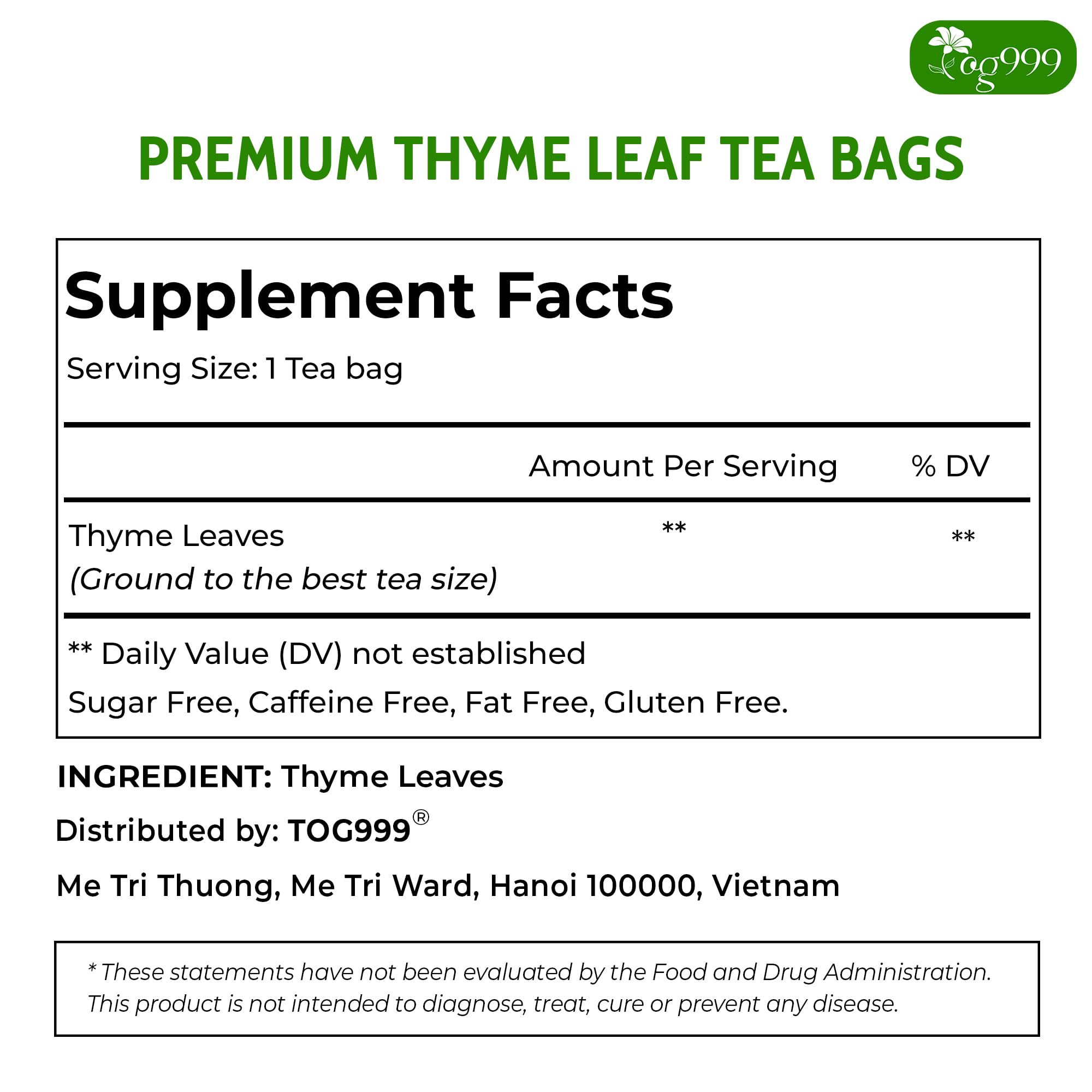 Close-up of thyme leaves used in TOG999 tea bags showing natural texture and aroma.