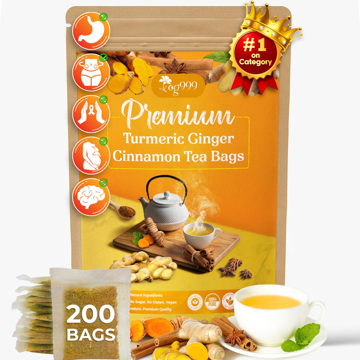 TOG999 turmeric-ginger-cinnamon tea bags packaging highlights eco-conscious design and natural ingredients.