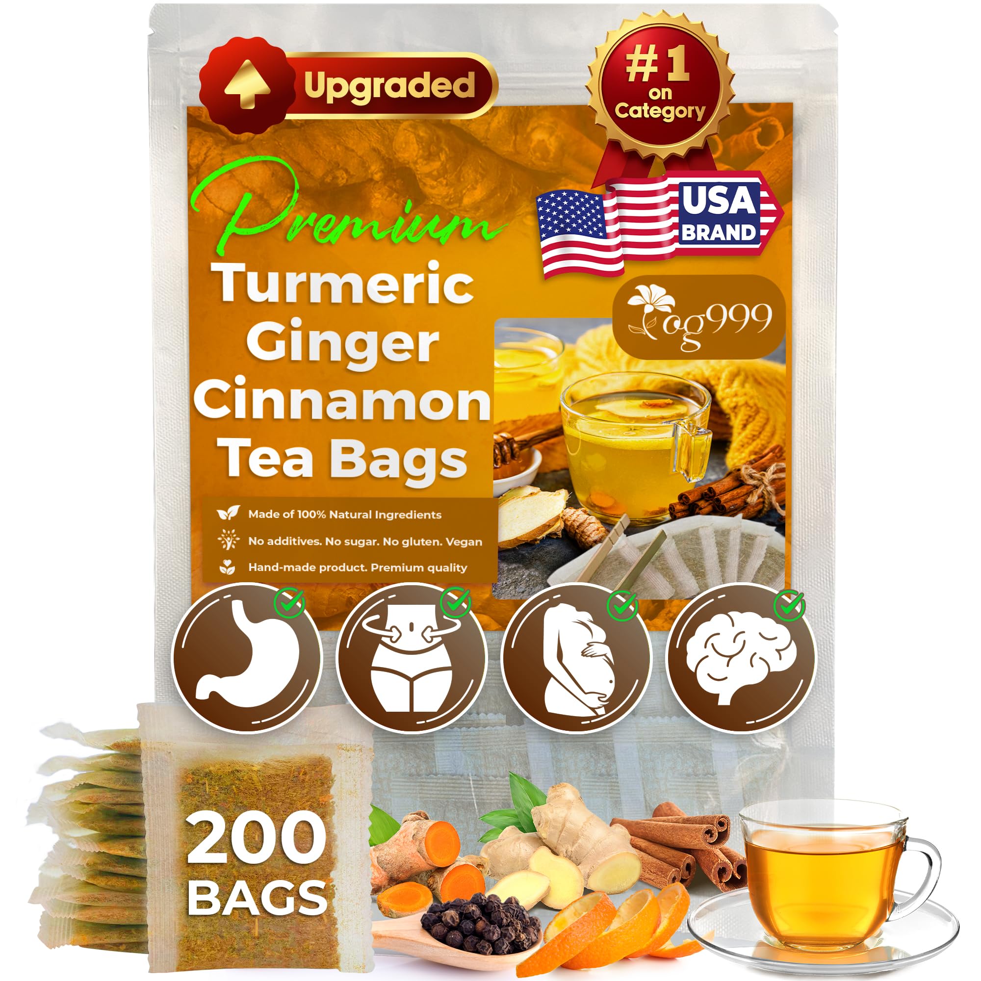 TOG999 turmeric ginger cinnamon tea bag against white backdrop, a natural blend for digestion and calm