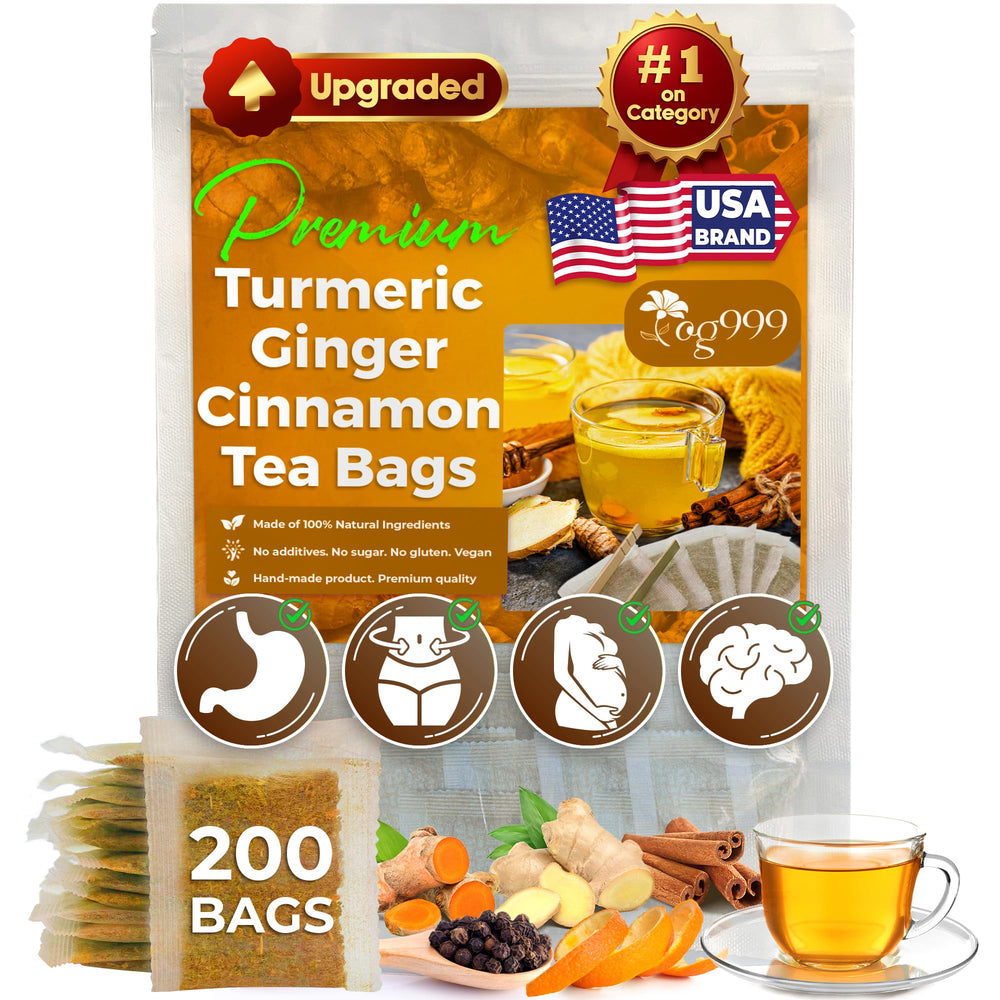 TOG999 turmeric ginger cinnamon tea bag against white backdrop, a natural blend for digestion and calm