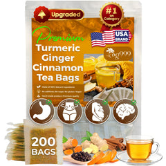TOG999 turmeric ginger cinnamon tea bag against white backdrop, a natural blend for digestion and calm