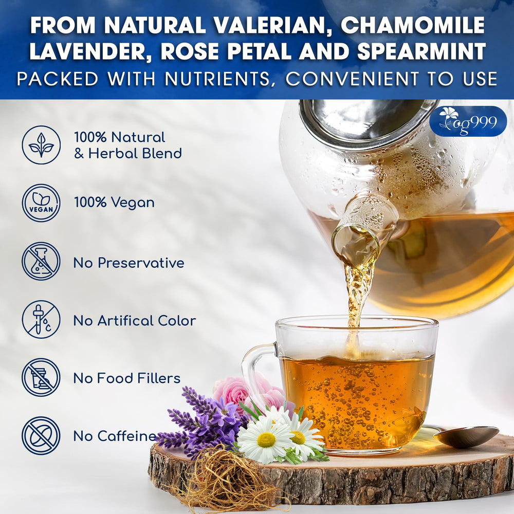 TOG999 Valerian Dream Tea Brew cup steaming suggests relaxing, caffeine-free rituals.