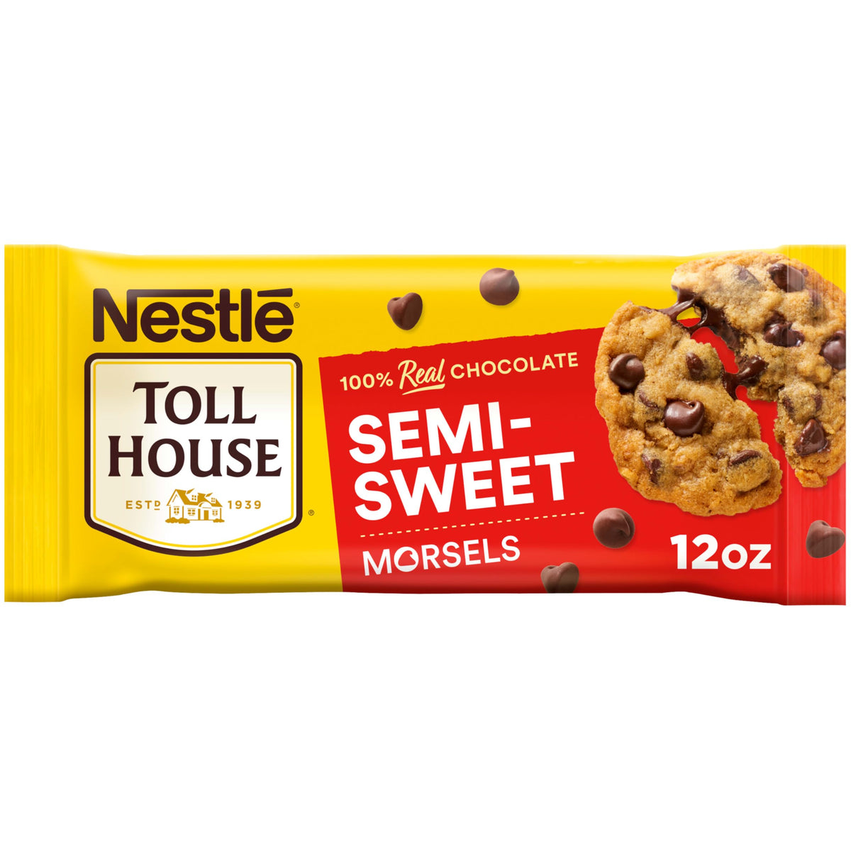 Toll House semi-sweet morsels in an open bag for quick cookie prep.