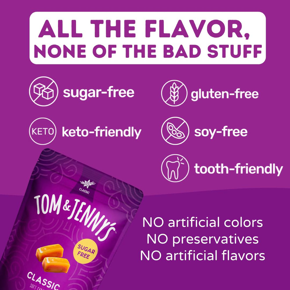 Tom & Jenny's allulose and maltitol ingredients, premium sugar-free treat.